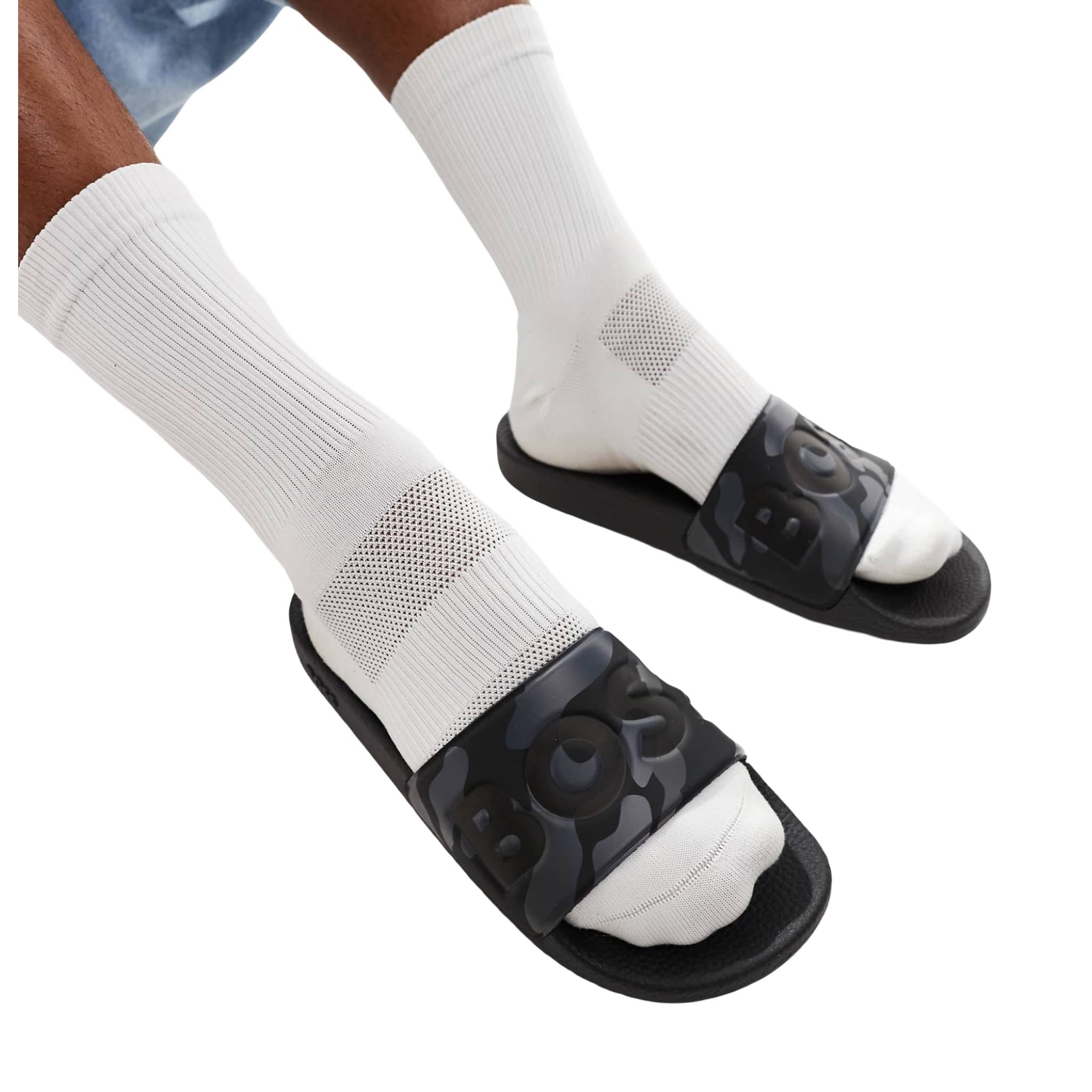 BOSS Aryeh logo camo print pool slides in gray/black