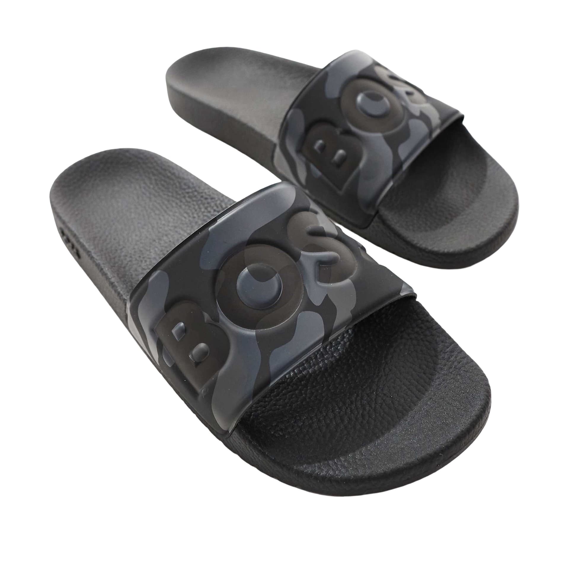 BOSS Aryeh logo camo print pool slides in gray/black