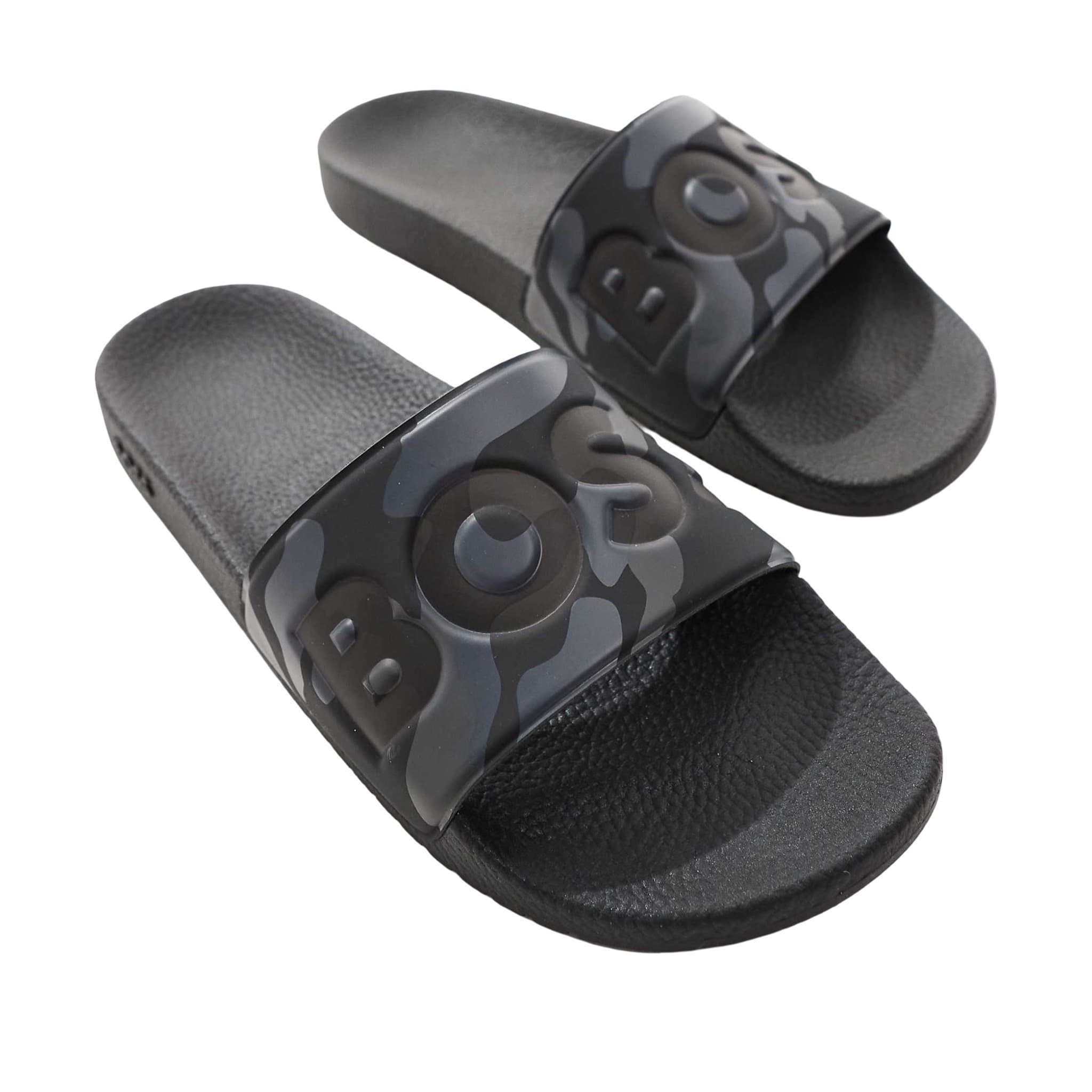 BOSS Aryeh logo camo print pool slides in gray/black