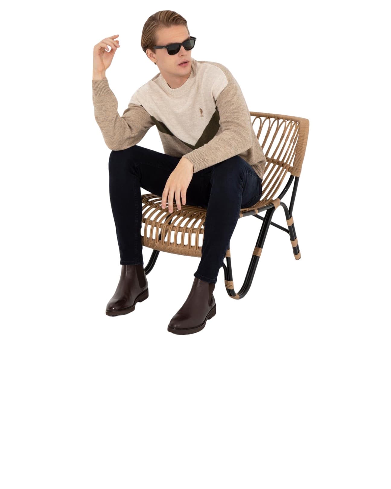 Men's Camel Melange Crew Neck Knitwear Sweater