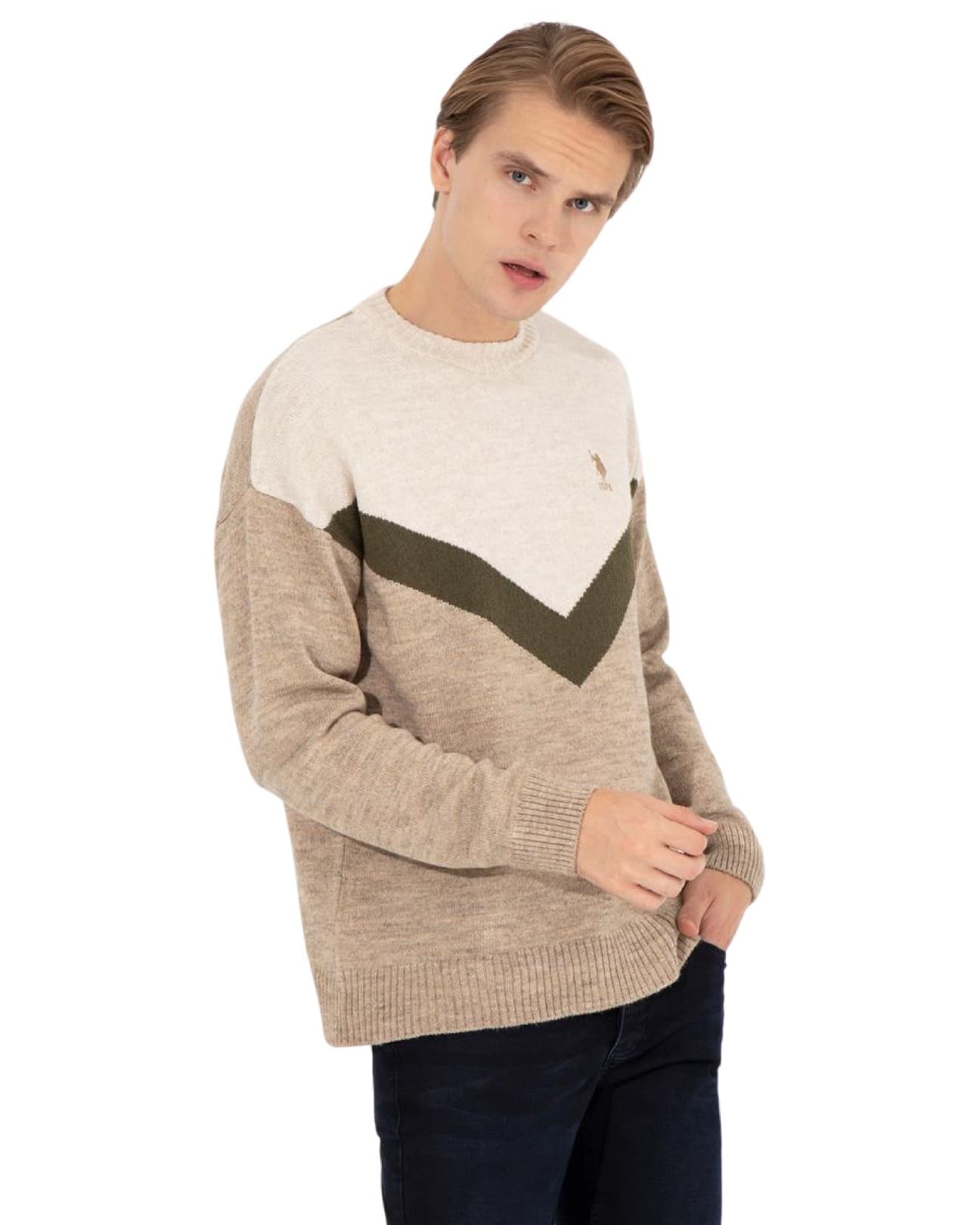Men's Camel Melange Crew Neck Knitwear Sweater