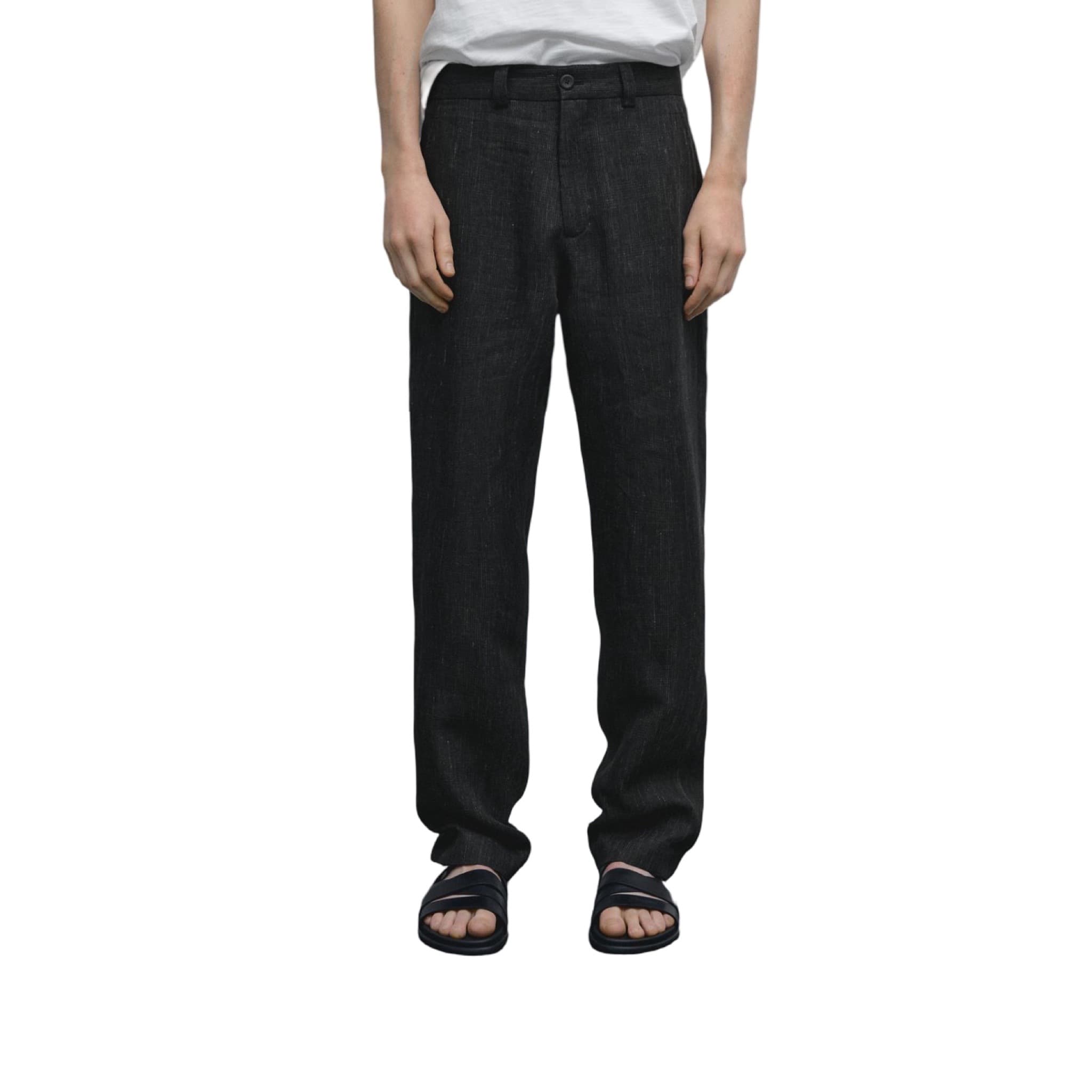 100% Linen Trousers With Check Detail
